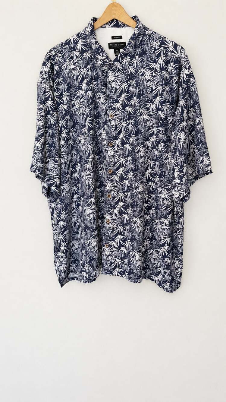 Pronto Uomo Button-Up Shirt Size 3XL Navy Blue White Leaf Hawaiian